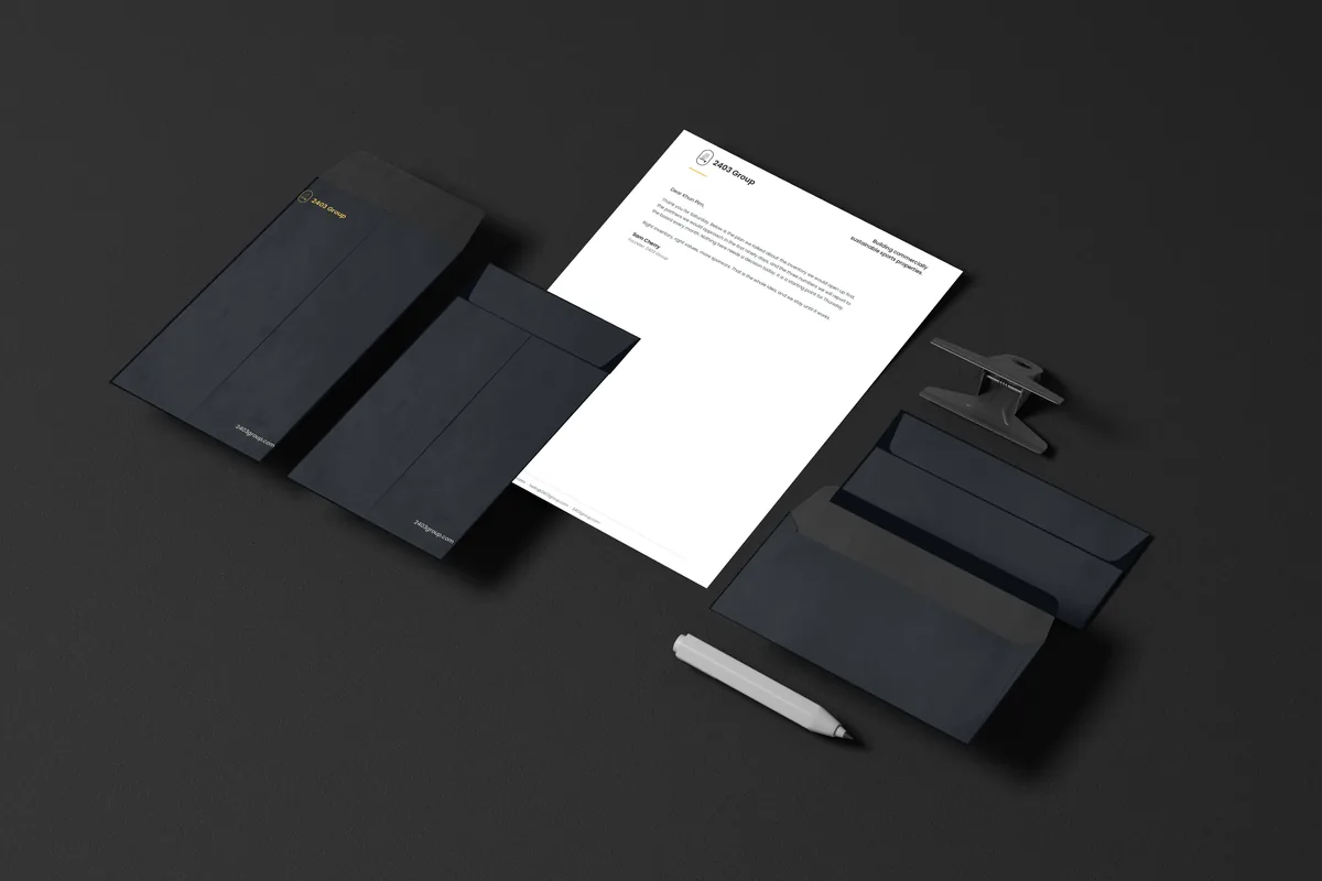 2403 Group letterhead and envelopes, illustrative